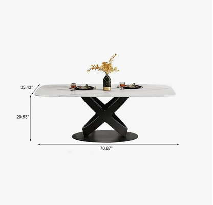 Modern Dining Table, Sintered Stone Tabletop Dining Room Table for Up To 8, Solid Black Carbon Steel Base, 71"