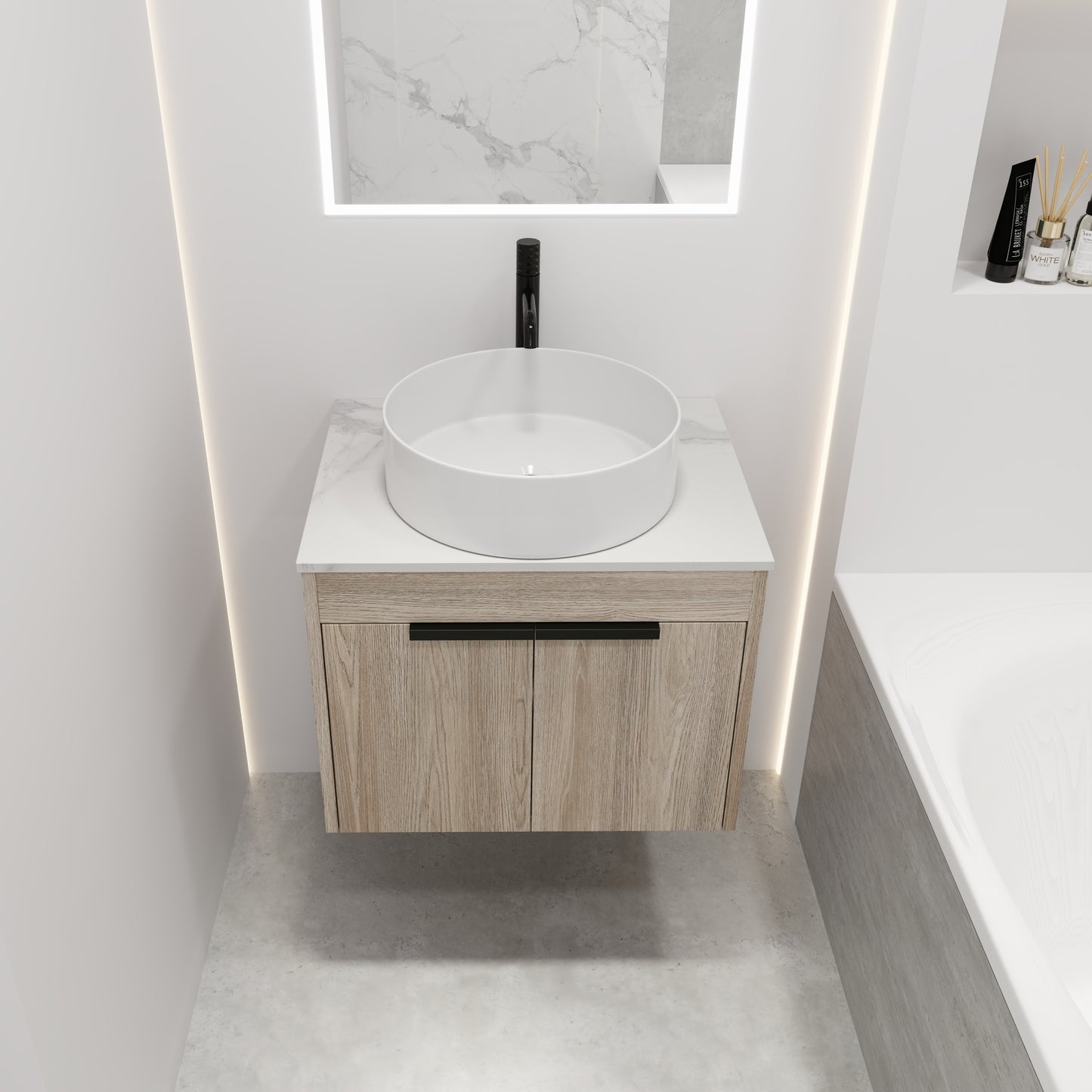 24 " Modern Design Float Bathroom Vanity With Ceramic Basin Set,  Wall Mounted White Oak Vanity  With Soft Close Door,KD-Packing，KD-Packing，2 Pieces Parcel（TOP-BAB400MOWH）