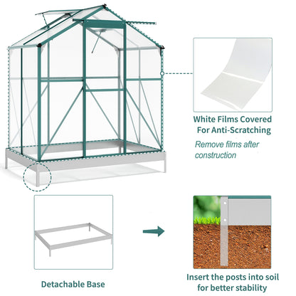 TOPMAX Upgraded Outdoor Patio 6.2ft Wx4.3ft D Greenhouse, Walk-in Polycarbonate Greenhouse with 2 Windows and Base,Aluminum Hobby Greenhouse with Sliding Door for Garden, Backyard, Green