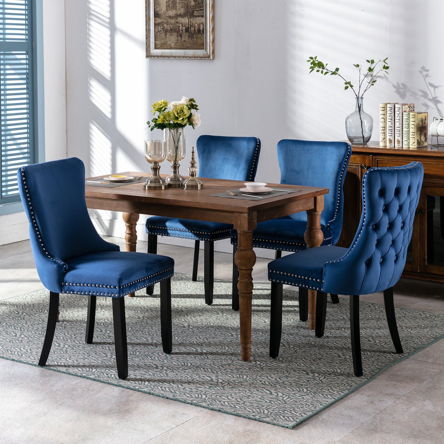 A&A Furniture,Upholstered Wing-Back Dining Chair with Backstitching Nailhead Trim and Solid Wood Legs,Set of 2, Blue,8809BL, KD