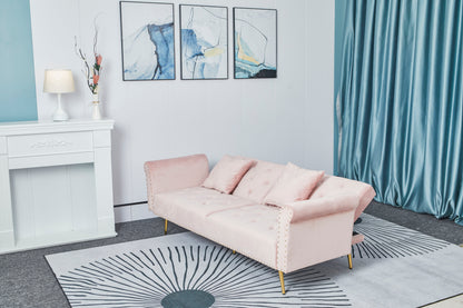 [New+Video]Pink velvet nail head sofa bed with throw pillow and midfoot