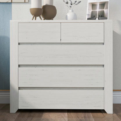 Off White Simple Style Manufacture Wood Chest with Gray Wood Grain Sticker Surfaces Five Drawers Large Storage Space for Living Room Bedroom Guest Room Children’s Room