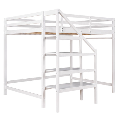 Full Size Loft Bed with Built-in Storage Staircase and Hanger for Clothes,White