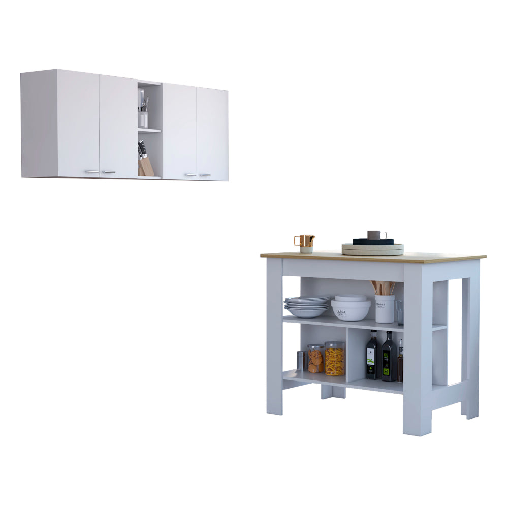 Sierra 7-Shelf 4-Door 2-piece Kitchen Set, Upper Wall Cabinet and Kitchen Island White and Light Oak