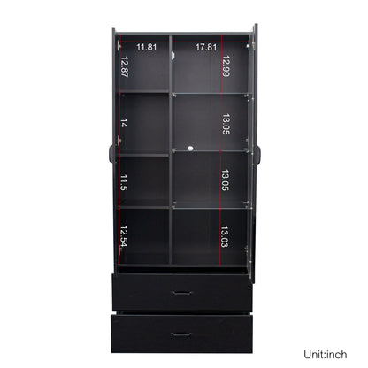 Side cabinet with shelving, drawers, black side cabinet for clothing