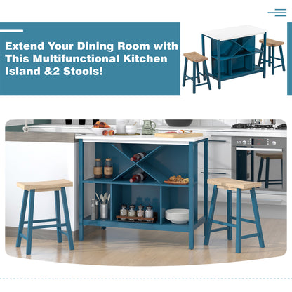 TOPMAX Farmhouse 3-piece Wood Stationary Kitchen Island Set with 2 Seatings, Dining Table Set with  Shelves and Wine Rack for Small Places,Blue Frame+White Top