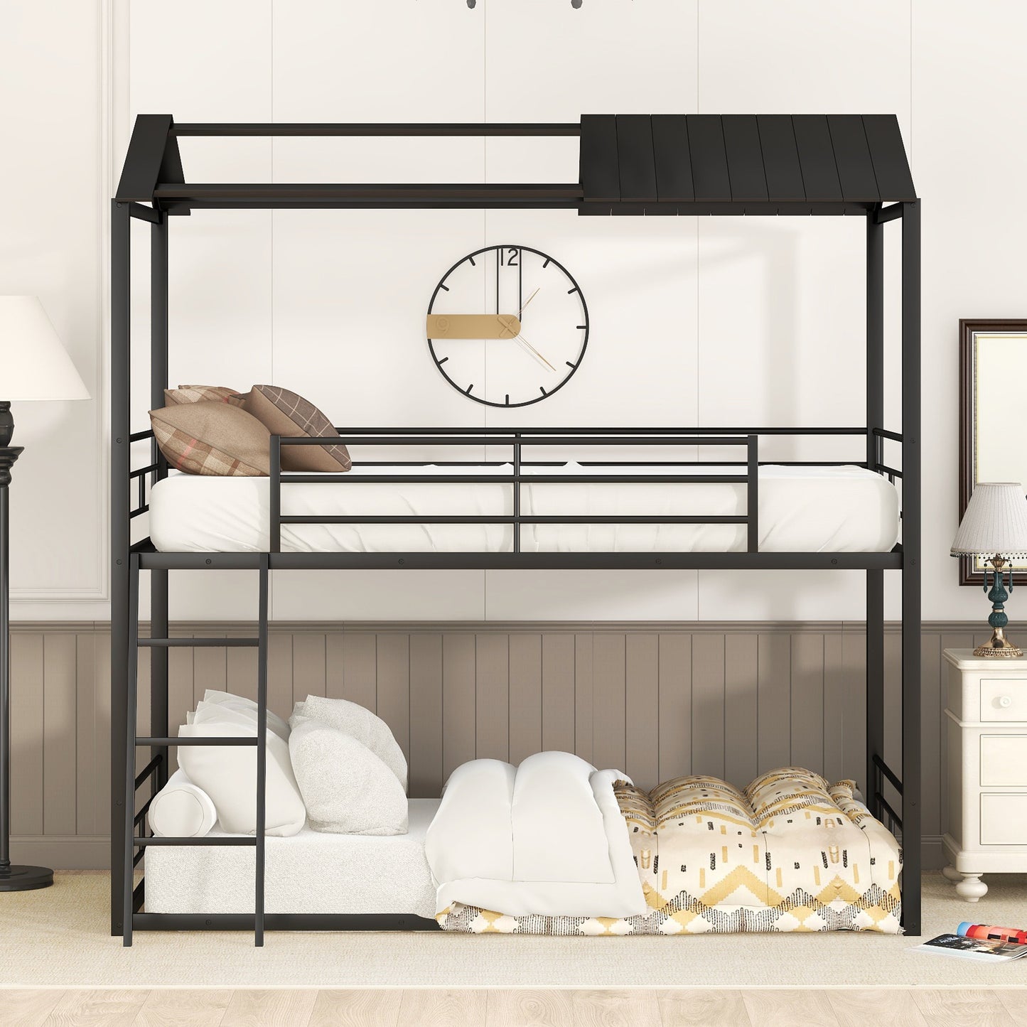 Twin Over Twin Bunk Bed Metal Bed with Half Roof, Guardrail and Ladder Black