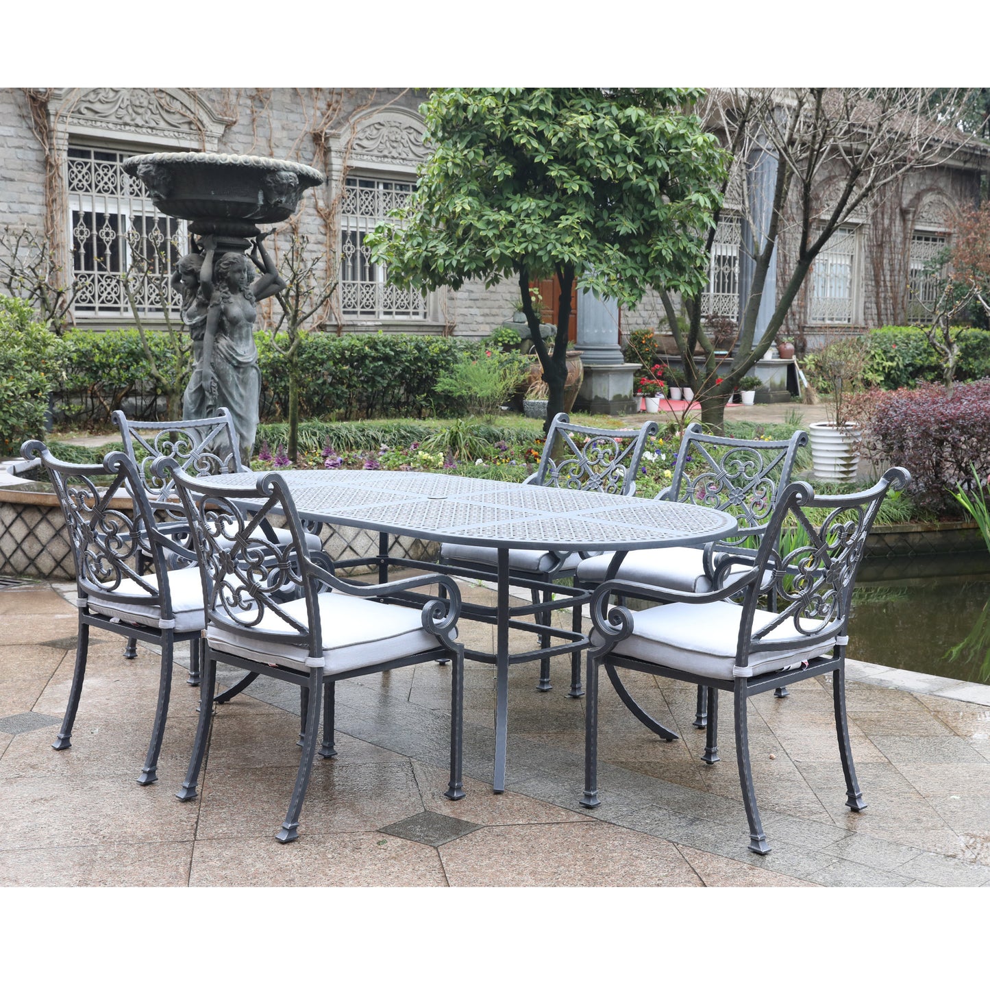 Outdoor Aluminum 7-Piece Oval Dining Set With 6 Arm Chairs, Blue