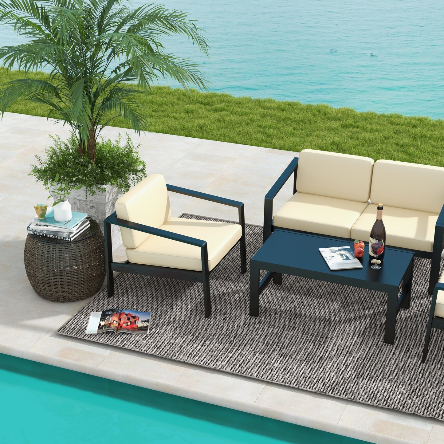 Aluminum Outdoor Patio Coffee Table in Black for Garden, Open-air balcony, Poolside