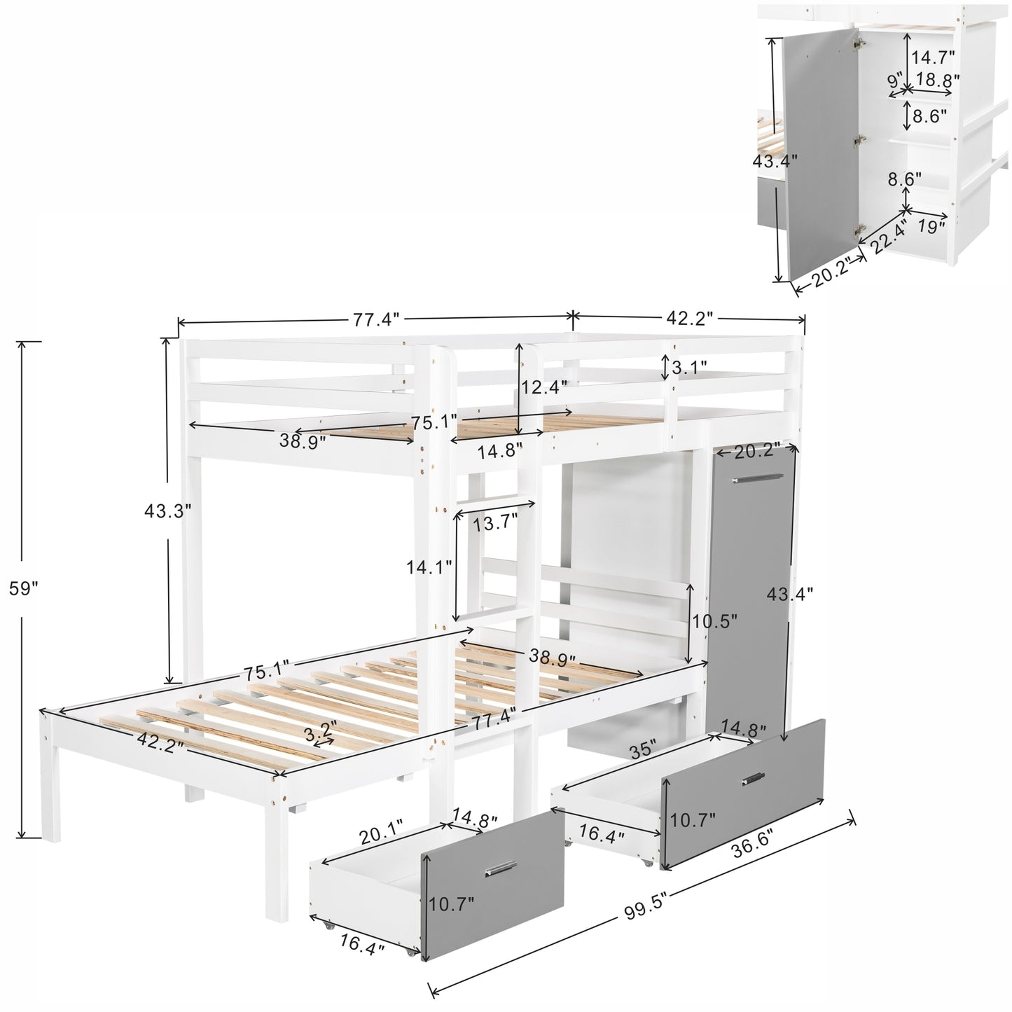 Twin over Twin Bunk Bed with Built-in Storage Wardrobe and Two Drawers, White