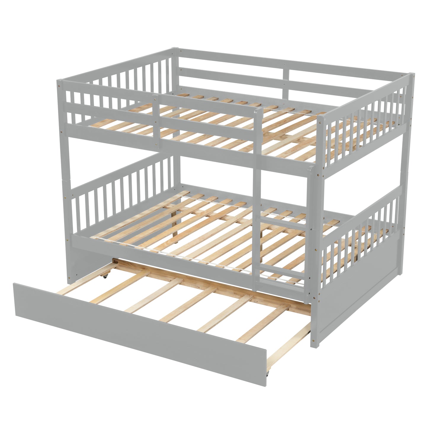 Full Over Full Bunk Bed with Trundle, Convertible to 2 Full Size Platform Bed, Full Size Bunk Bed with Ladder and Safety Rails for Kids, Teens, Adults,Grey (Old Sku:W504S00003)