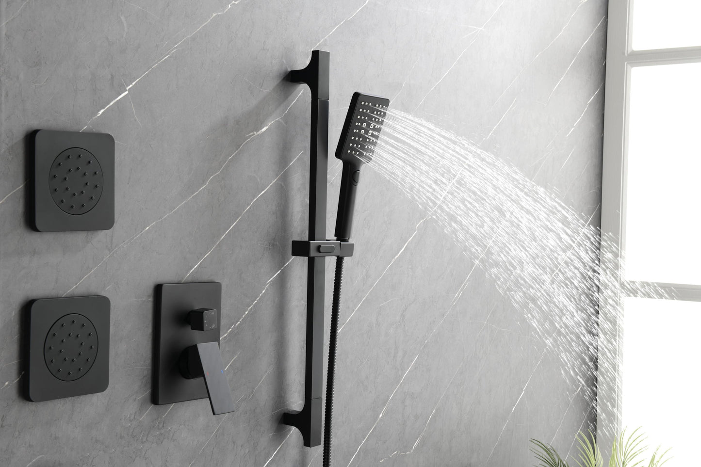 Shower System with Shower Head, Hand Shower, Slide Bar, Bodysprays, Shower Arm, Hose, Valve Trim, and Lever Handles