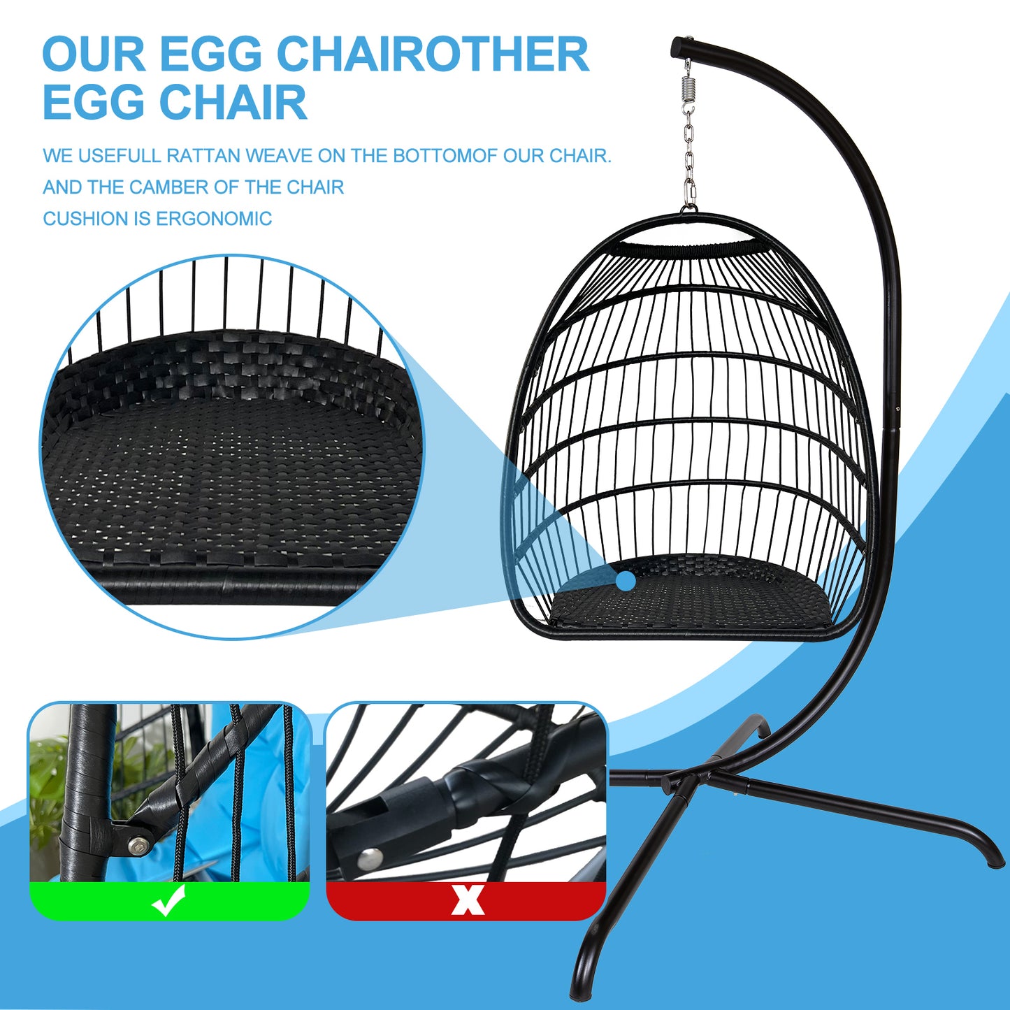 Swing Egg Chair with Stand Indoor Outdoor Wicker Rattan Patio Basket Hanging Chair with C Type bracket , with cushion and pillow,Patio Wicker folding Hanging Chair