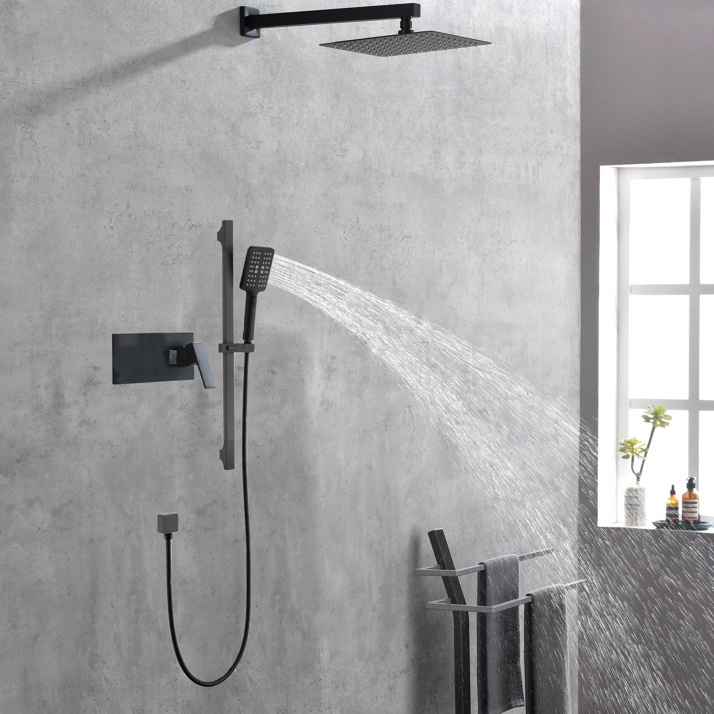 Shower System 10Inch Square Bathroom Luxury Rain Mixer Shower Combo Set Pressure Balanced Shower System with Shower Head, Hand Shower, Slide Bar, Shower Arm, Hose, and Valve Trim