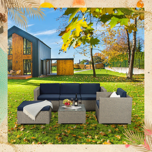 Outdoor Garden Patio Furniture 6-Piece Gray Mix Yellow PE Rattan Wicker Sectional Navy Cushioned Sofa Sets with 1 Beige Pillows