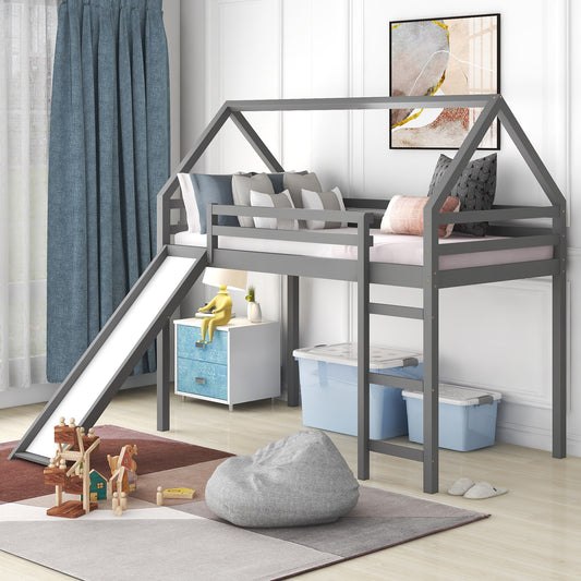 Twin Size Loft Bed with Slide, House Bed with Slide,Gray(OLD SKU :WF281158AAE)