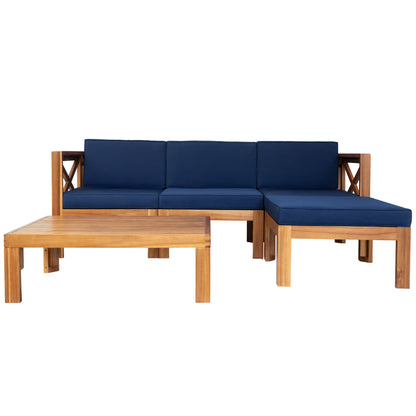 TOPMAX Outdoor Backyard Patio Wood 5-Piece Sectional Sofa Seating Group Set with Cushions, Natural Finish+ Blue Cushions