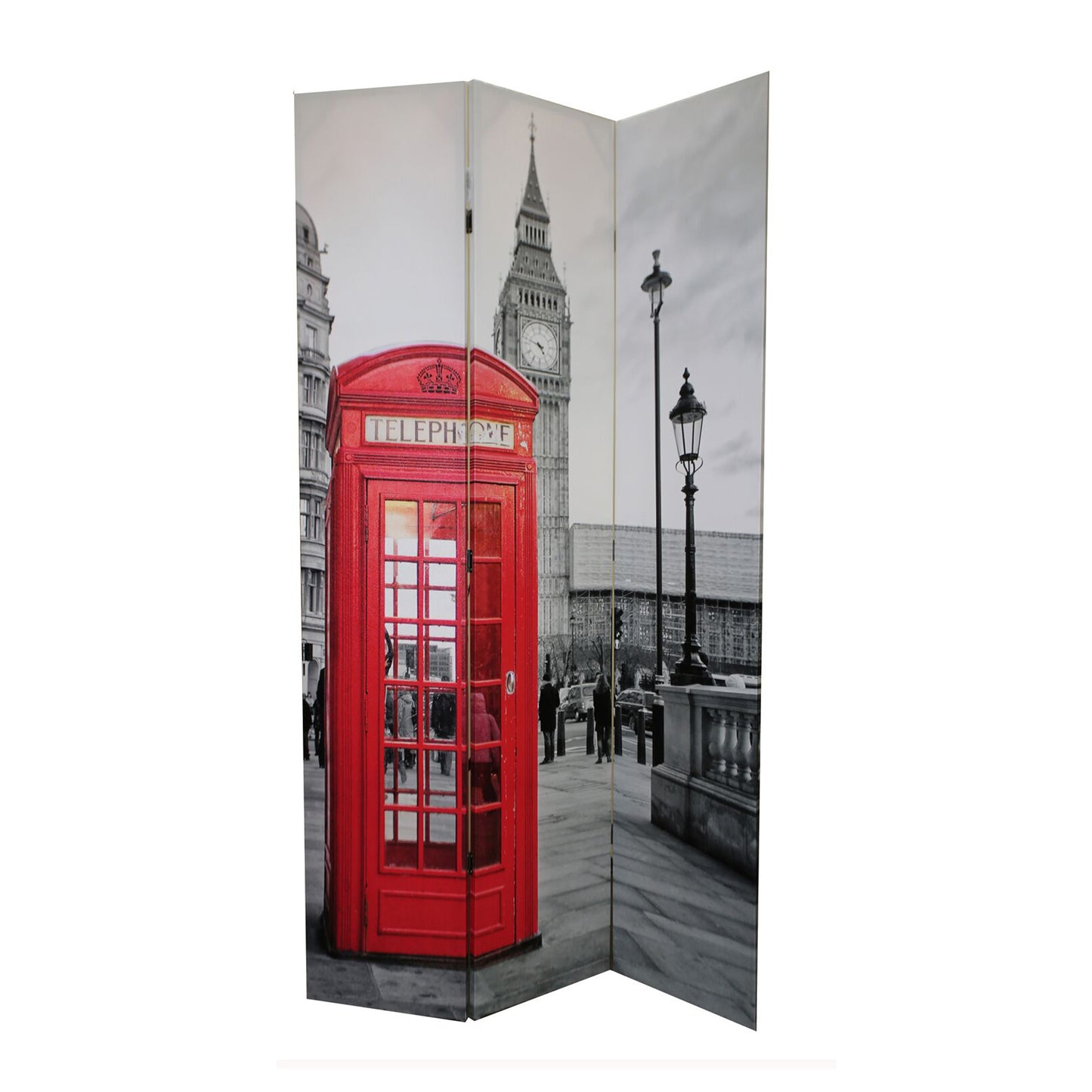 71 Inch 3 Panel Room Divider, LONDON Digital Print, Wood, Gray, Red