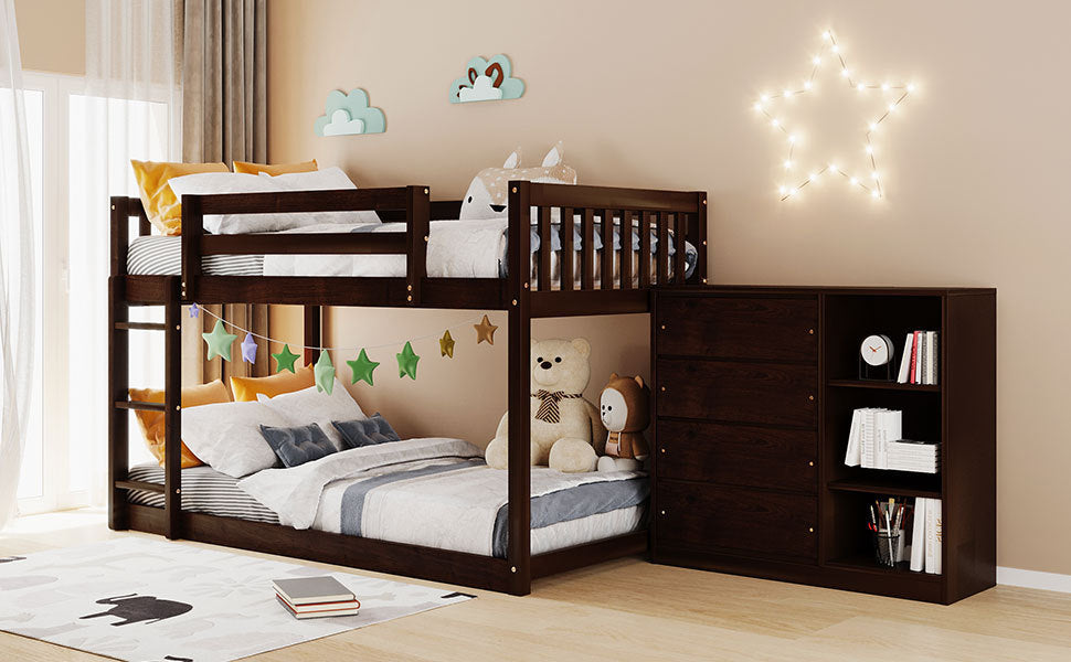 Twin over Twin Bunk Bed with 4 Drawers and 3 Shelves-Espresso（OLD SKU: LP000067AAP）