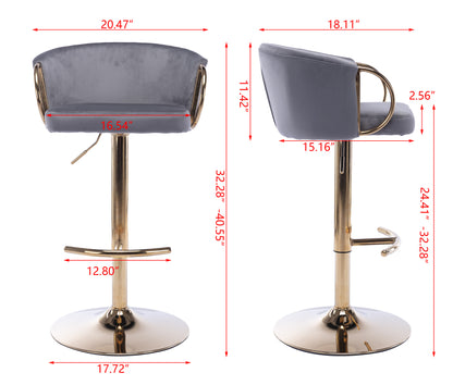 Set of 2  Bar Stools,with Chrome Footrest and Base Swivel Height Adjustable Mechanical Lifting Velvet + Golden Leg Simple Bar Stool-Grey