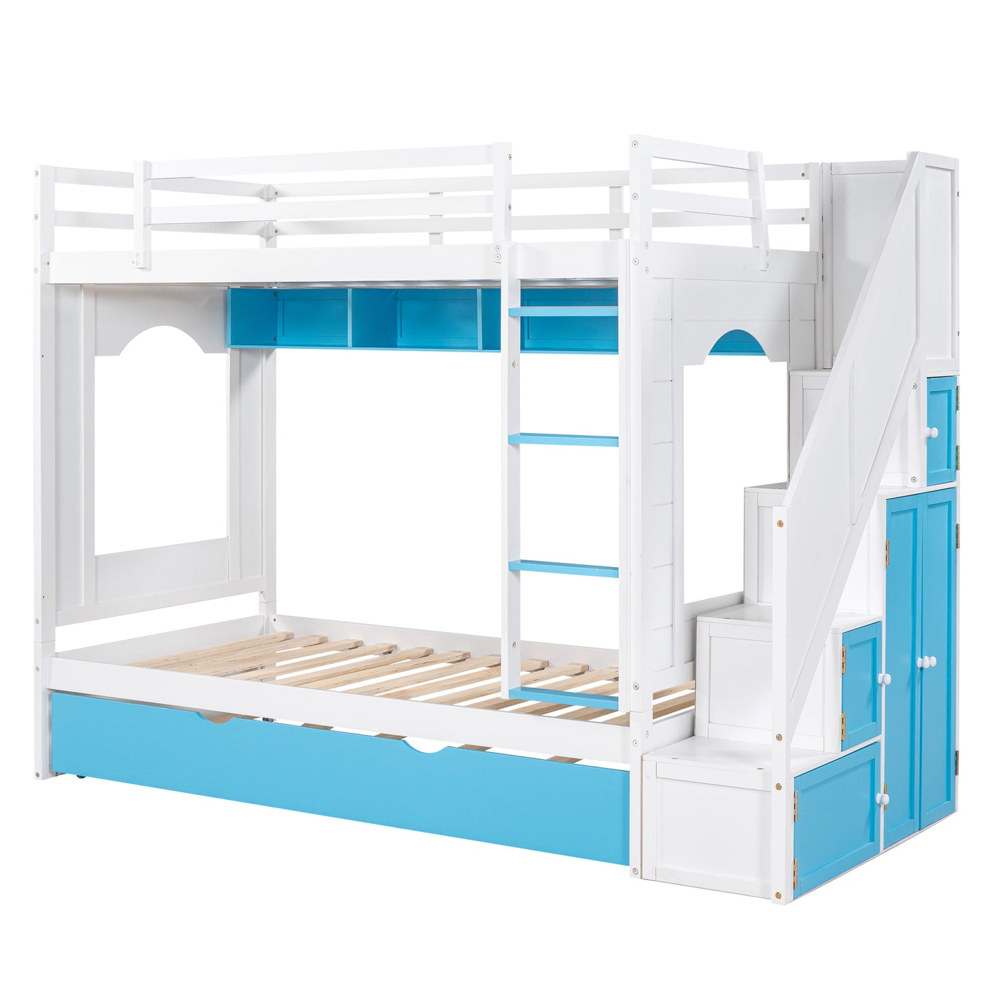 Twin Over Twin Bunk Bed with Trundle ,Stairs,Ladders Solid Wood Bunk bed with Storage Cabinet （White + Blue）