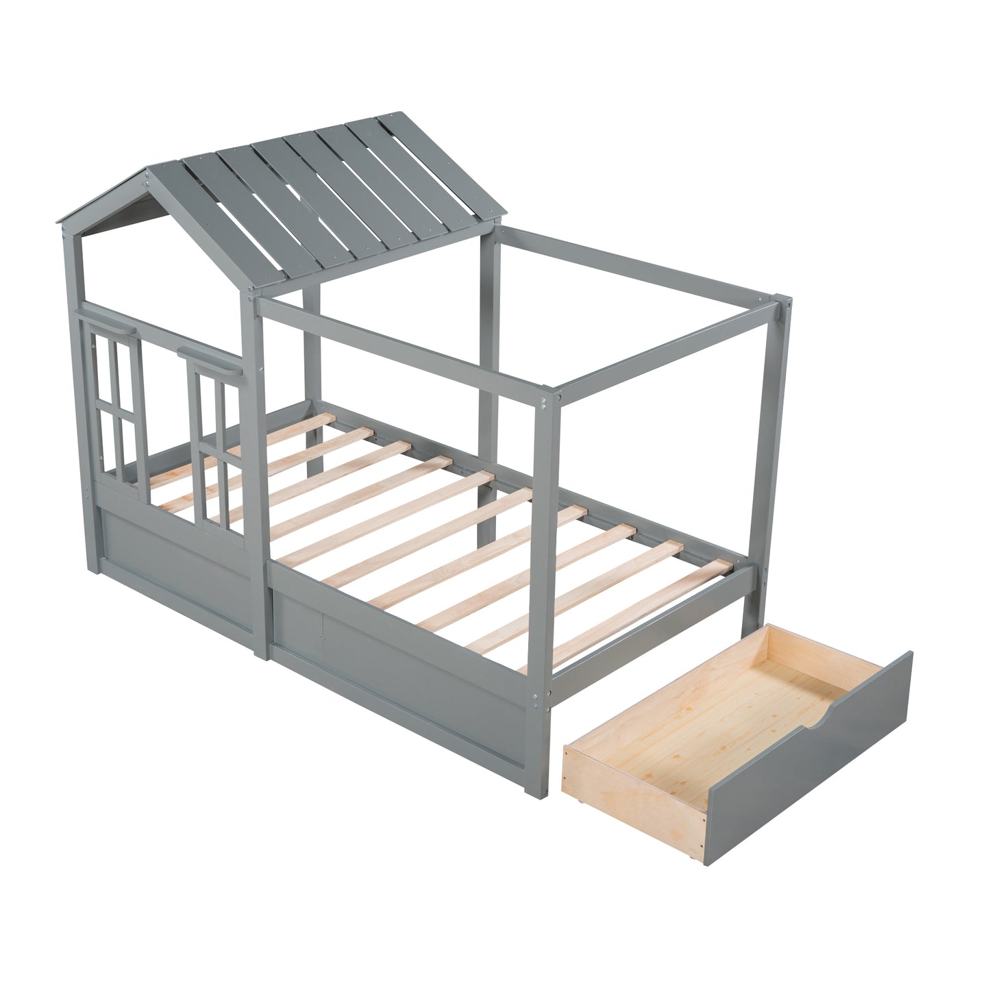 Twin Size House Bed with Roof, Window and Drawer - Gray