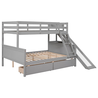 Twin over Full Bunk Bed with 2 Drawers,Slide,Shelves Gray