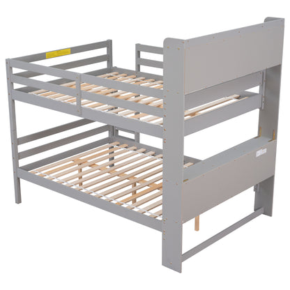 Full Over Full Bunk Beds with Bookcase Headboard, Solid Wood Bed Frame with Safety Rail and Ladder, Kids/Teens Bedroom, Guest Room Furniture, Can Be converted into 2 Beds, Grey