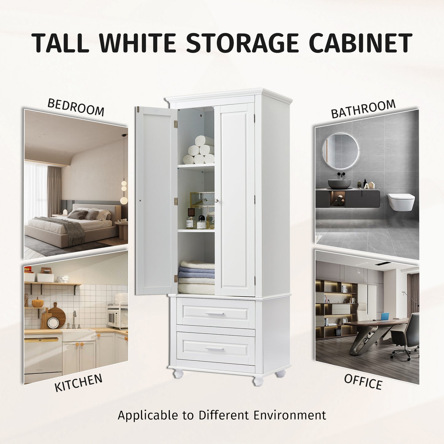 Tall Storage Cabinet with Two Drawers for Bathroom/Office, White