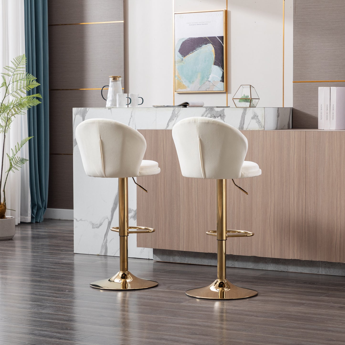 Set of 2  Bar Stools,with Chrome Footrest and Base Swivel Height Adjustable Mechanical Lifting Velvet + Golden Leg Simple Bar Stool-Cream