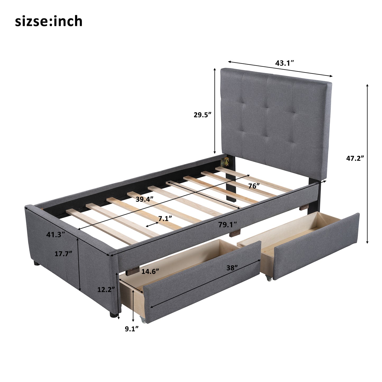 Linen Upholstered Platform Bed With Headboard and Two Drawers, Twin