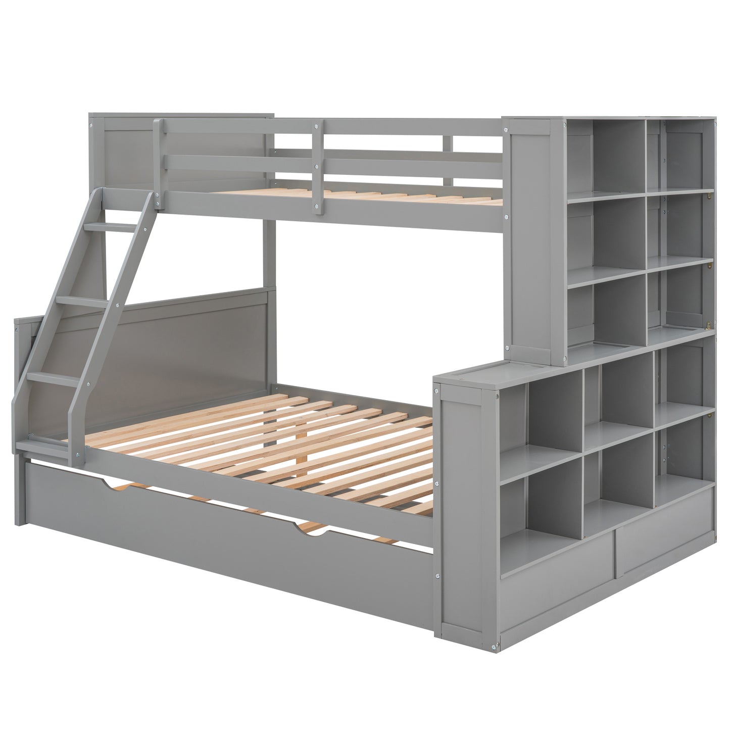 Twin over Full Bunk Bed with Trundle and Shelves, can be Separated into Three Separate Platform Beds, Gray