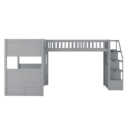 Twin over Twin Wooden L-Shaped Bunk Bed with Ladder and Stairway,Grey(OLD SKU:SM000303AAE-1)