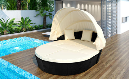 Outdoor rattan daybed sunbed with Retractable Canopy Wicker Furniture, Round Outdoor Sectional Sofa Set, black Wicker Furniture Clamshell  Seating with Washable Cushions, Backyard, Porch, Beige.