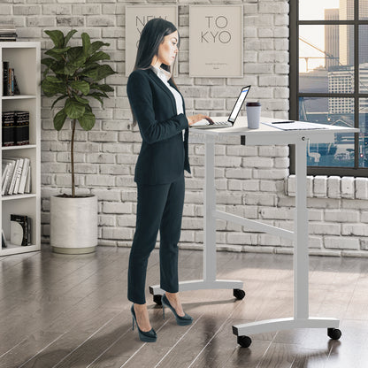 Atlantic Sit Stand Desk with Casters - White (Height Adjustable) with side crank (switchable either side, left or right side crank)