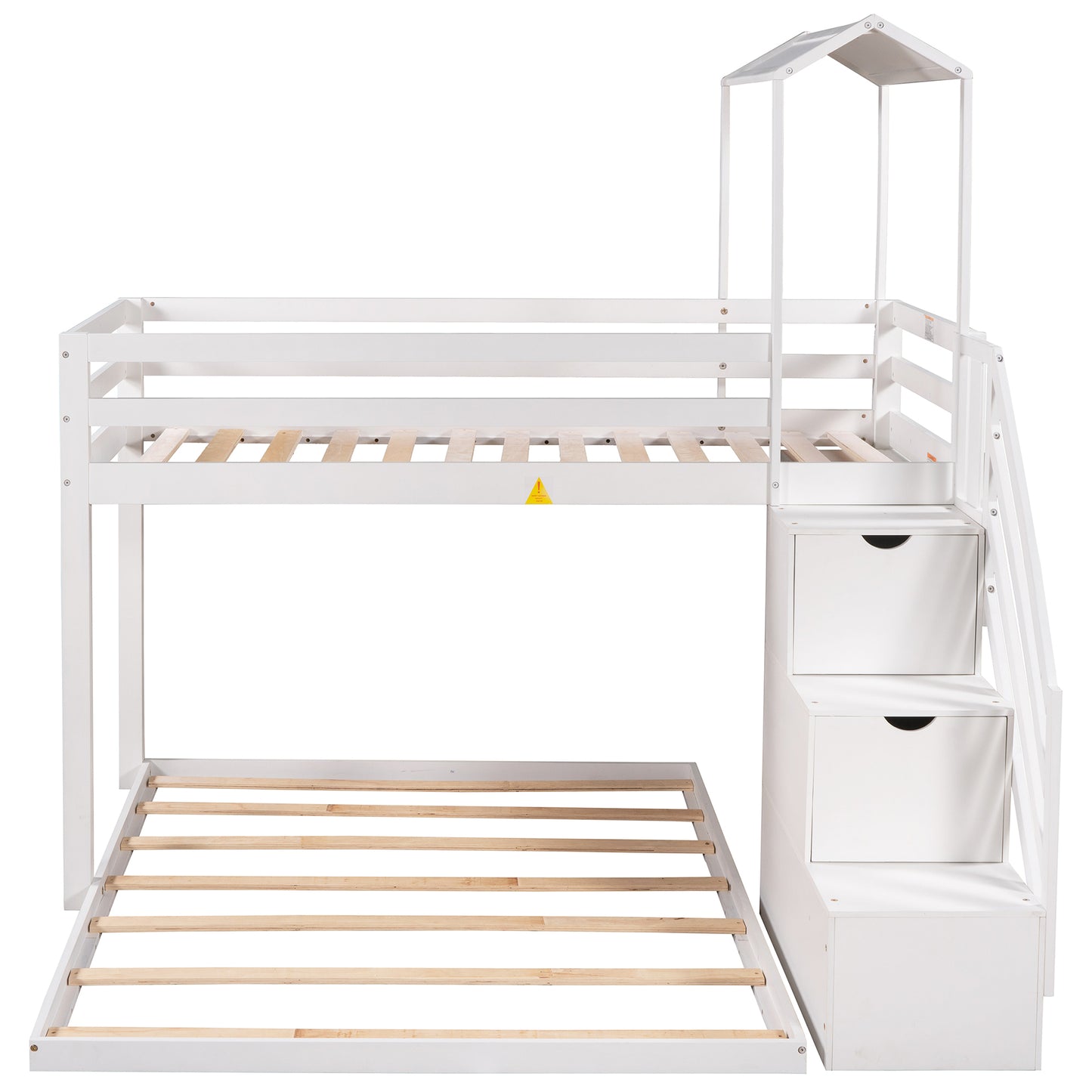 Twin over Full House Roof Bunk Bed with Staircase and Shelves, White