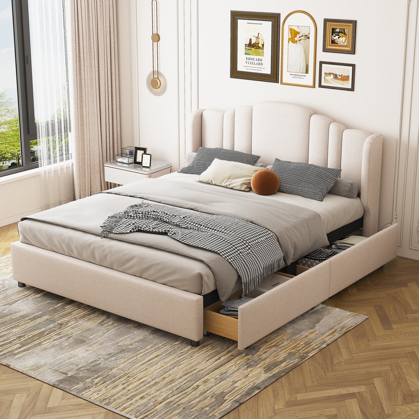 Upholstered Platform Bed with Wingback Headboard and 4 Drawers, No Box Spring Needed, Linen Fabric, Queen Size Beige