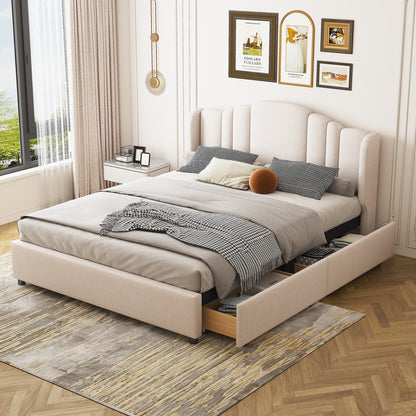 Upholstered Platform Bed with Wingback Headboard and 4 Drawers, No Box Spring Needed, Linen Fabric, Queen Size Beige