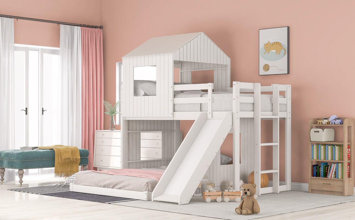 Wooden Twin Over Full Bunk Bed, Loft Bed with Playhouse, Farmhouse, Ladder, Slide and Guardrails, White(OLD SKU :LP000028AAK)