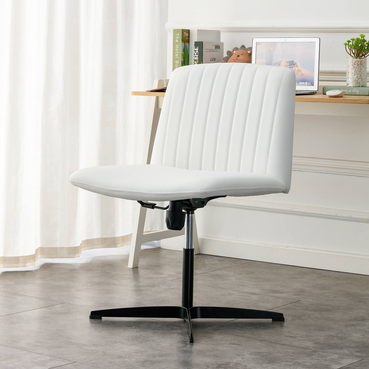 White High Grade Pu Material. Home Computer Chair Office Chair Adjustable 360 ° Swivel Cushion Chair With Black Foot Swivel Chair Makeup Chair Study Desk Chair. No Wheels