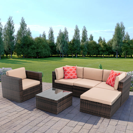 6Pcs Outdoor Garden Patio Furniture  PE Rattan Wicker  Sectional Cushioned Sofa Sets with 2 Pillows and Coffee Table