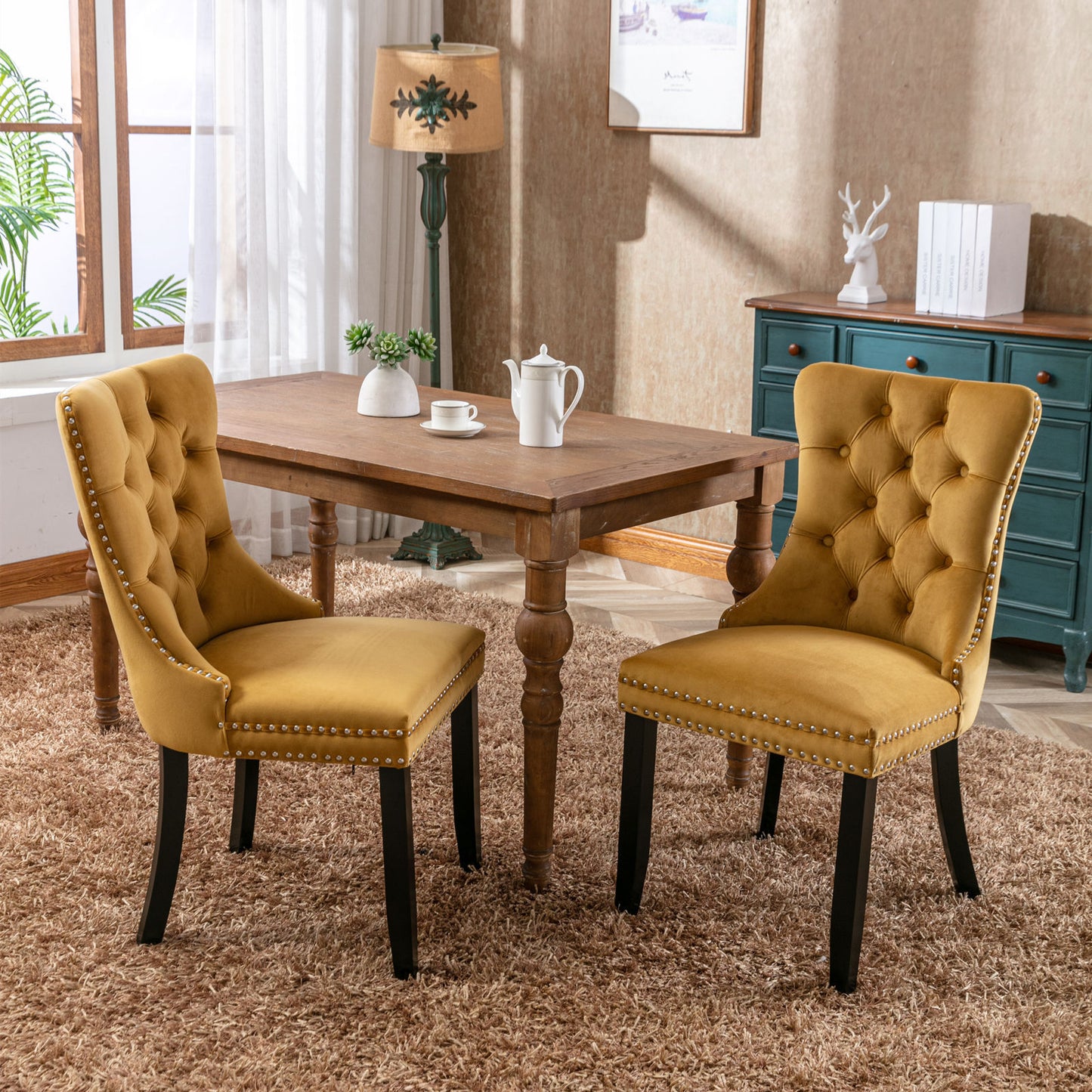 A&A Furniture,Nikki Collection Modern, High-end Tufted Solid Wood Contemporary Velvet Upholstered Dining Chair with Wood Legs Nailhead Trim  2-Pcs Set，Gold