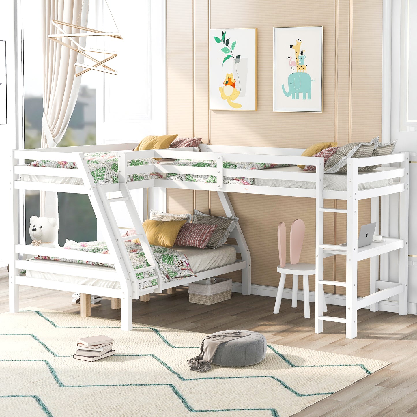 L-Shaped Twin over Full Bunk Bed and Twin Size Loft Bed with Built-in Desk,White