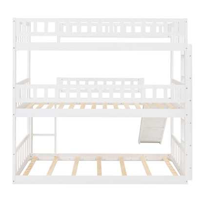 Twin-Over-Twin-Over-Twin Triple Bed with Built-in Ladder and Slide, Triple Bunk Bed with Guardrails, White(OLD SKU: LP000051AAK)