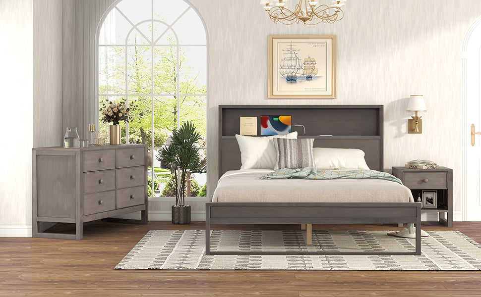 3-Pieces Bedroom Sets Queen Size Platform Bed with Nightstand and Dresser,Antique Gray