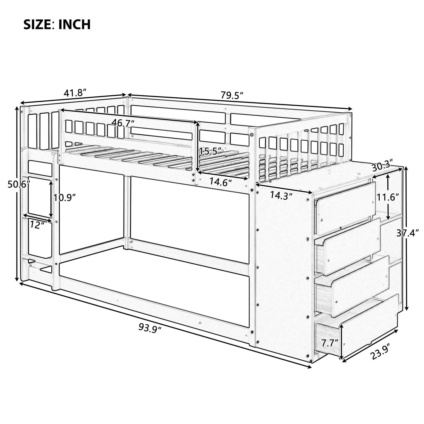 Twin over Twin Bunk Bed with 4 Drawers and 3 Shelves-White（OLD SKU: LP000067AAK）