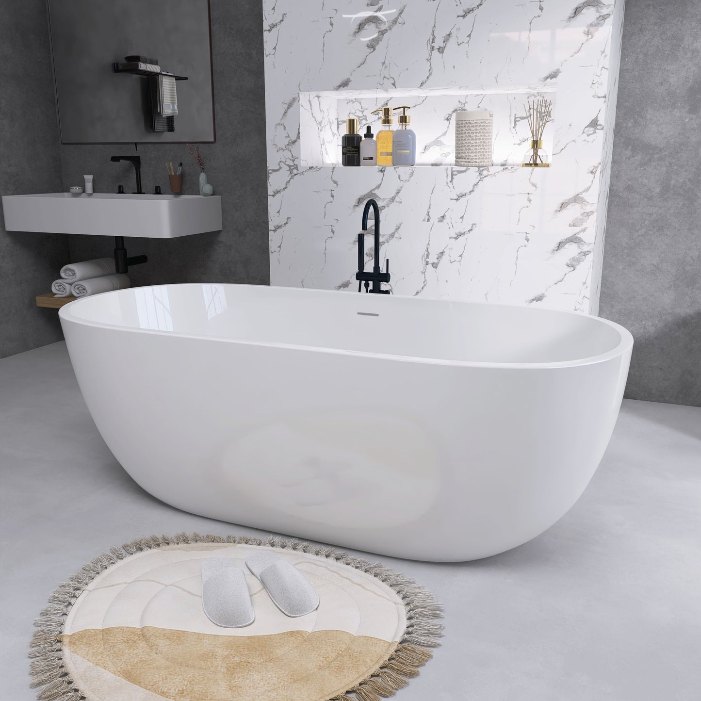 65" Acrylic Free Standing Tub - Classic Oval Shape Soaking Tub, Adjustable Freestanding Bathtub with Integrated Slotted Overflow and Chrome Pop-up Drain Anti-clogging Gloss White