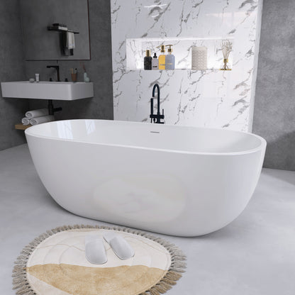 65" Acrylic Free Standing Tub - Classic Oval Shape Soaking Tub, Adjustable Freestanding Bathtub with Integrated Slotted Overflow and Chrome Pop-up Drain Anti-clogging Gloss White