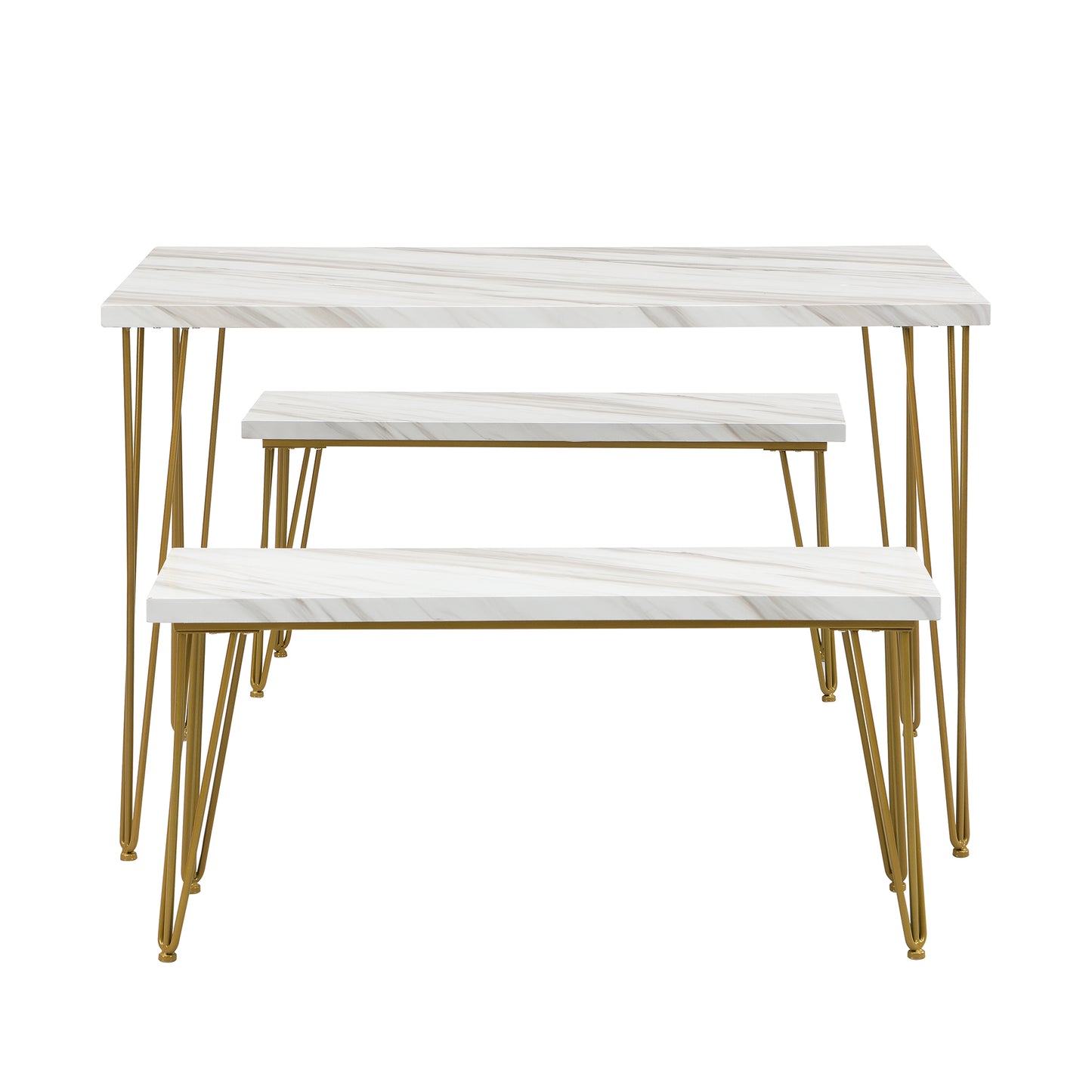 TOPMAX Rustic Farmhouse 3-Piece Dining Table Set with 2 Benches,Thick Table/Bench Top with Iron Frame for 4 in Small Places,Faux Marble White+Gold Frame