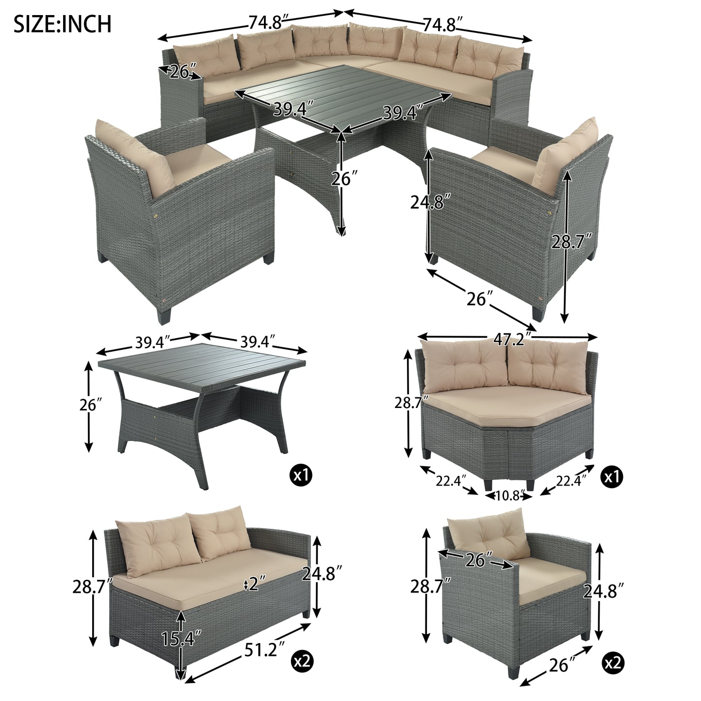 GO 6-Piece Outdoor Wicker Sofa Set, Patio Rattan Dinning Set, Sectional Sofa with Thick Cushions and Pillows, Plywood Table Top, For Garden, Yard, Deck. (Gray Wicker, Beige Cushion)